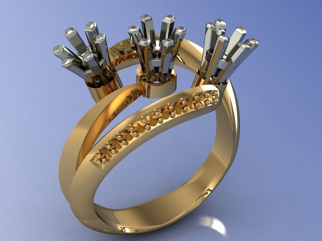 Ring three stone gold with ruby stones 3D print model_5