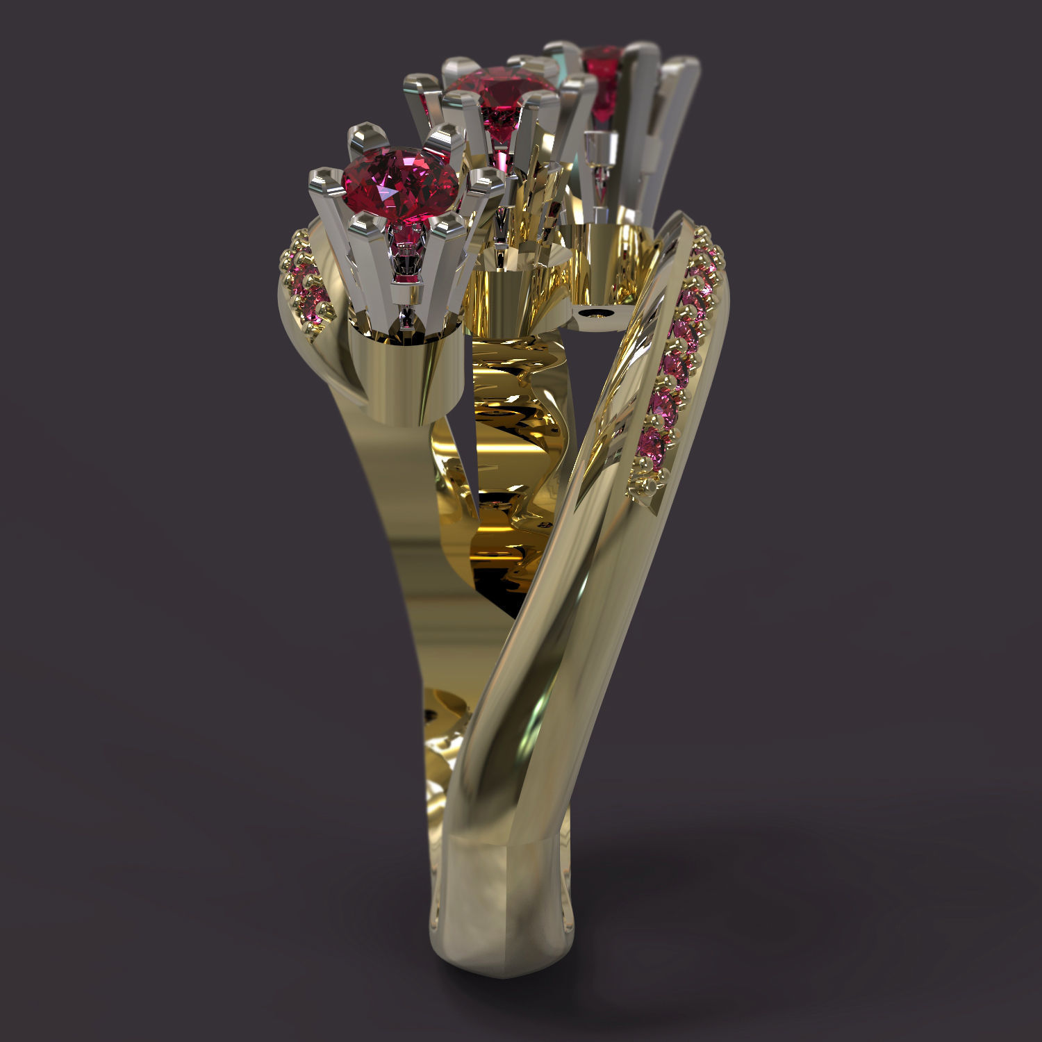 Ring three stone gold with ruby stones 3D print model_4