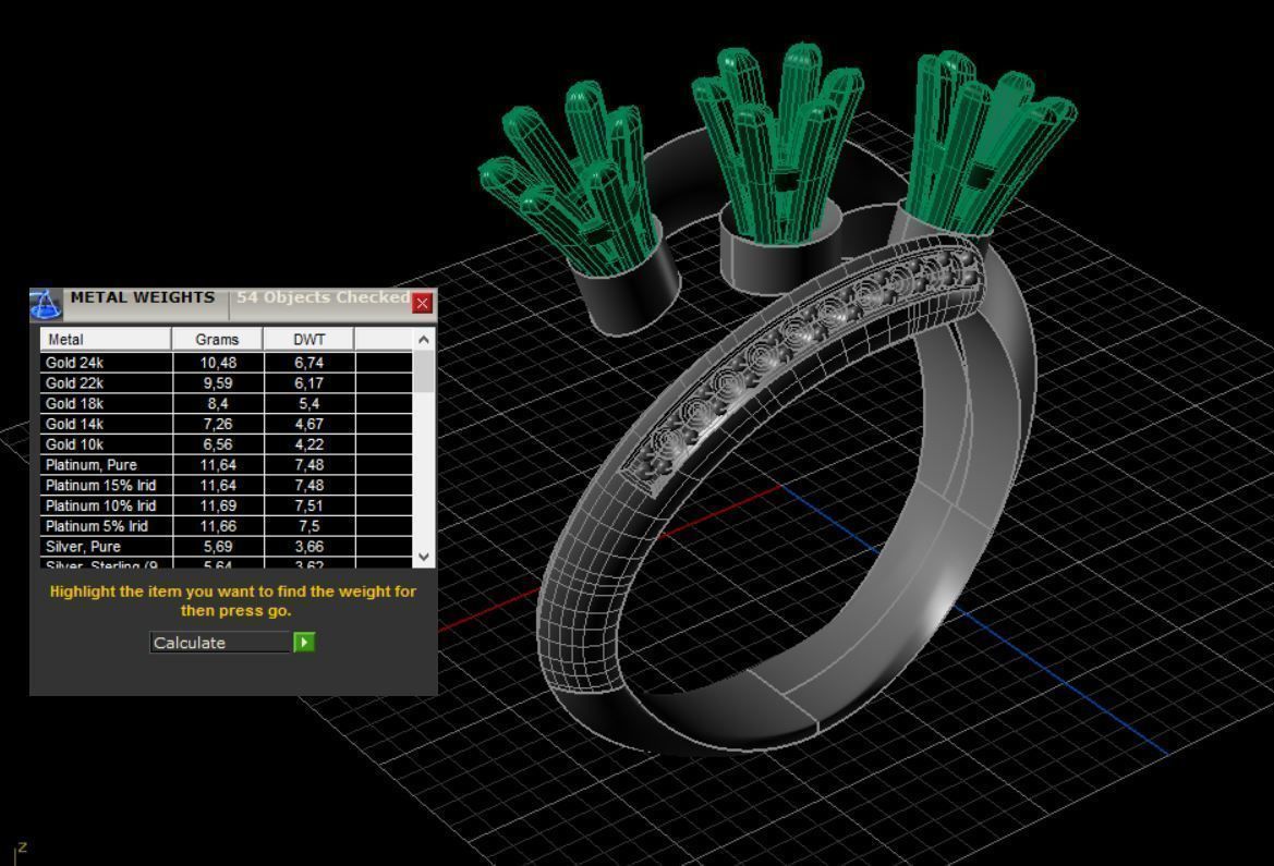 Ring three stone gold with ruby stones 3D print model_6