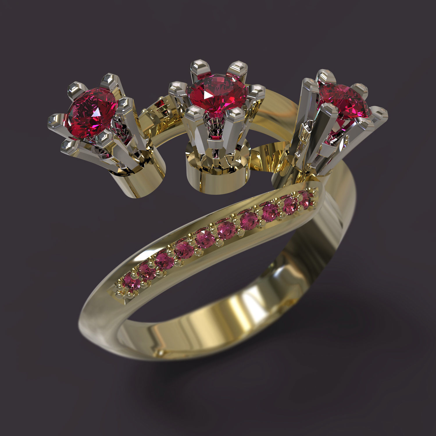 Ring three stone gold with ruby stones 3D print model_2