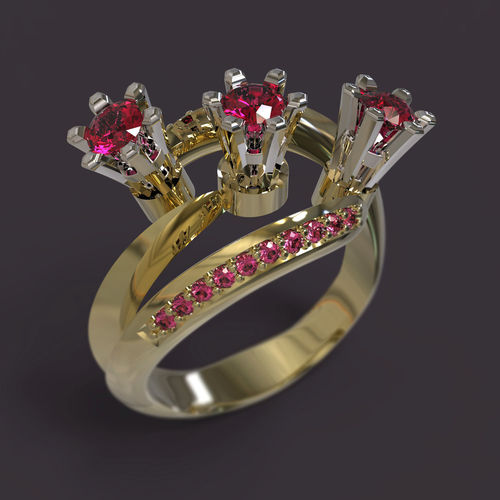 Ring three stone gold with ruby stones 3D print model