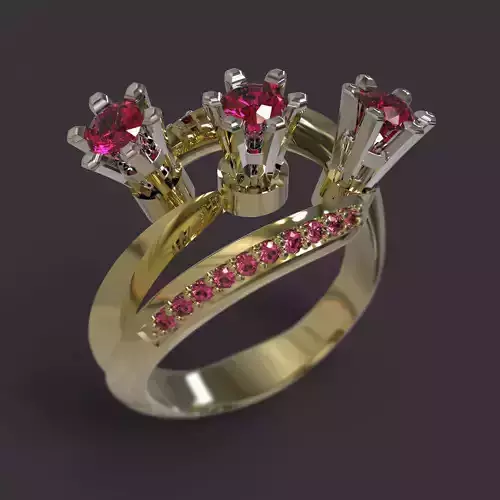Ring three stone gold with ruby stones 3D print model
