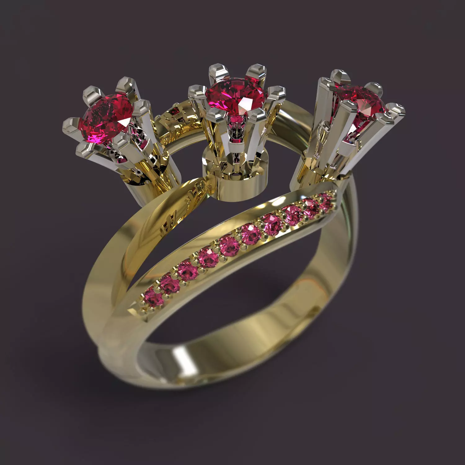Ring three stone gold with ruby stones 3D print model_0