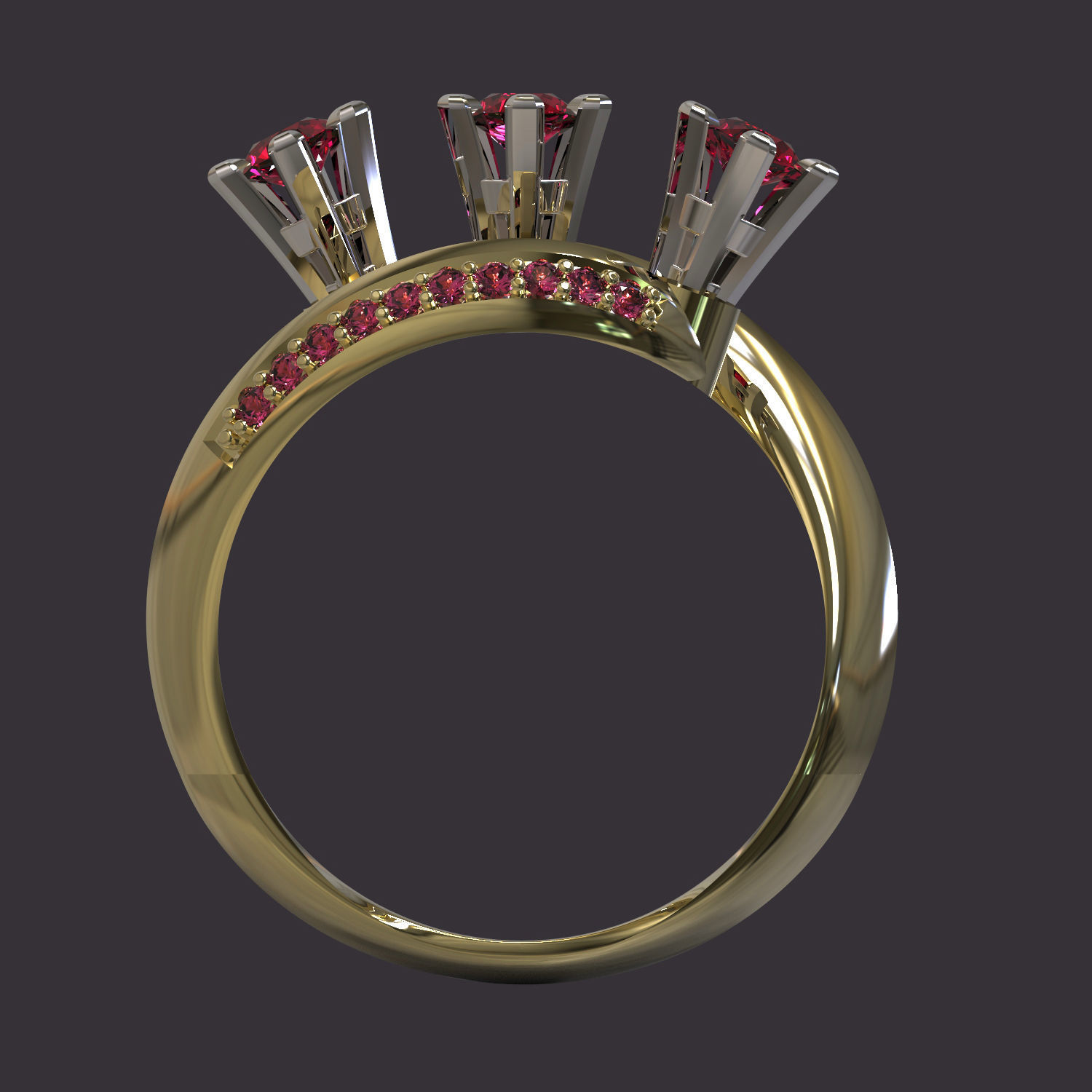 Ring three stone gold with ruby stones 3D print model_3