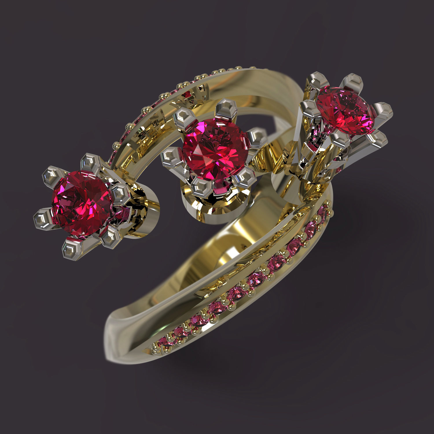 Ring three stone gold with ruby stones 3D print model_1