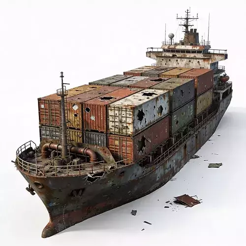 Stylized 3D Post-Apocalyptic Ruined Container Ship Model