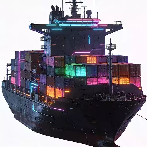 Stylized 3D Cyberpunk Neon Container Ship Model