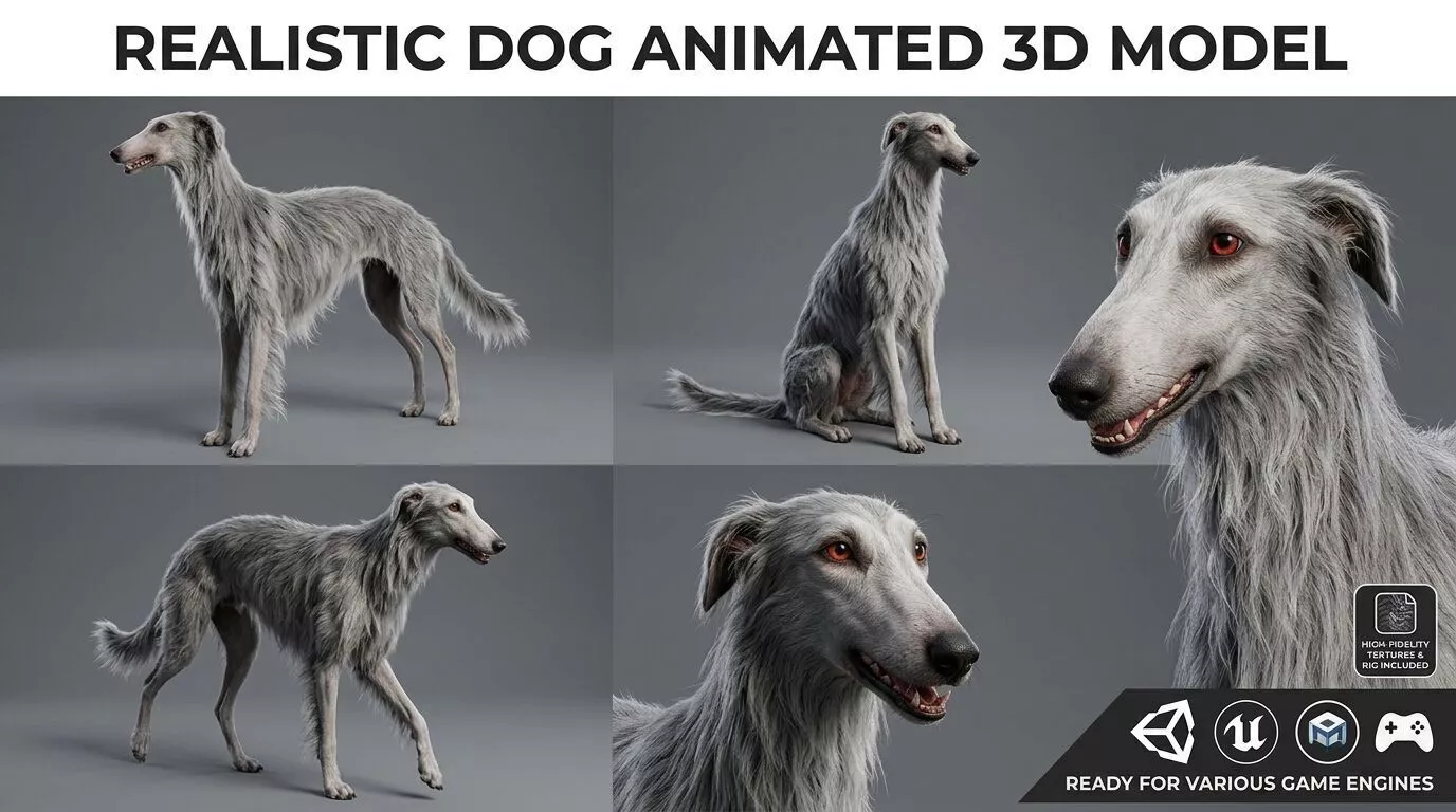 Realistic Dog Saluki Animated 3D Model Low-poly 3D model