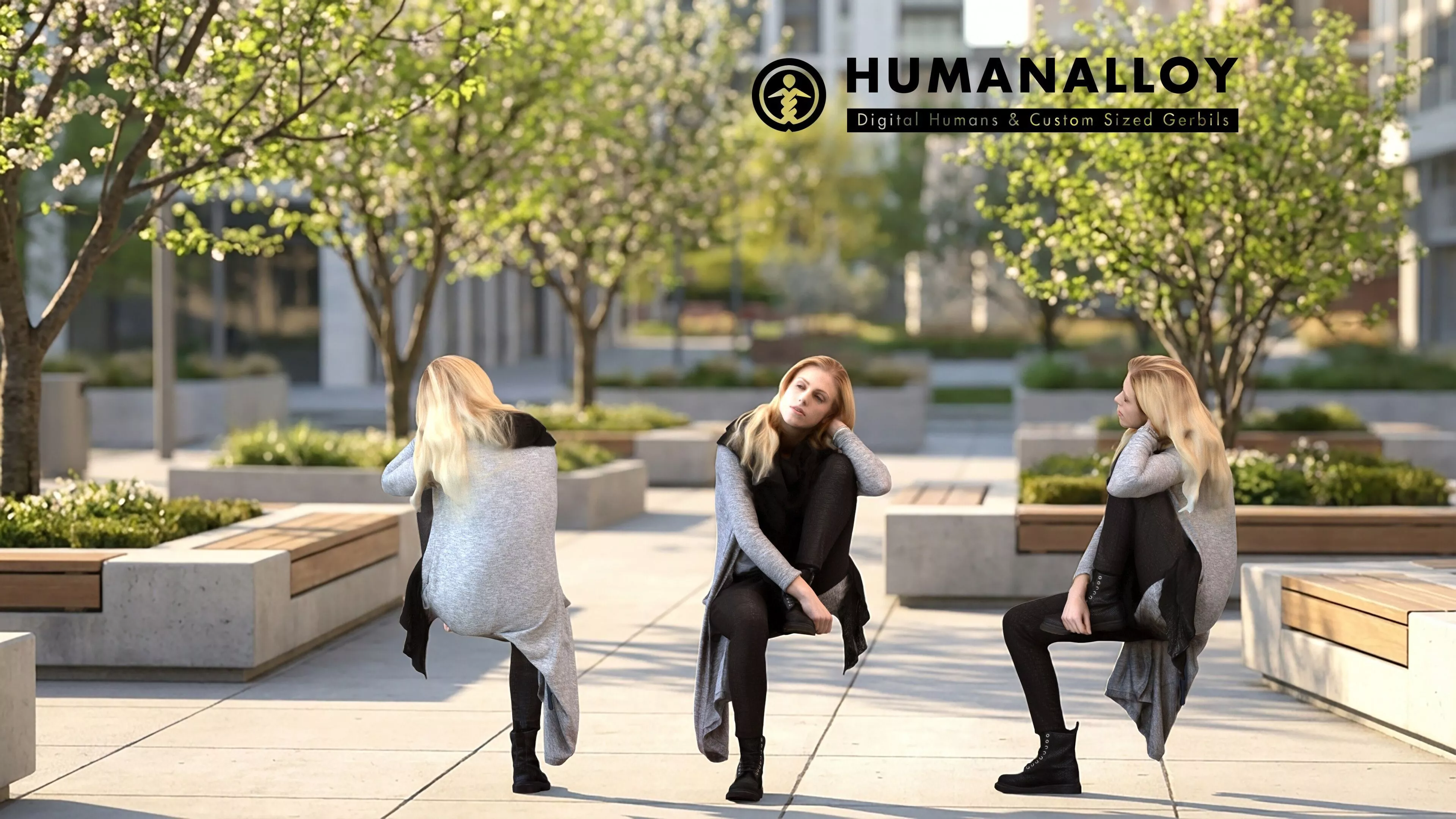 Adult Caucasian woman relaxing in public space wearing 3D model