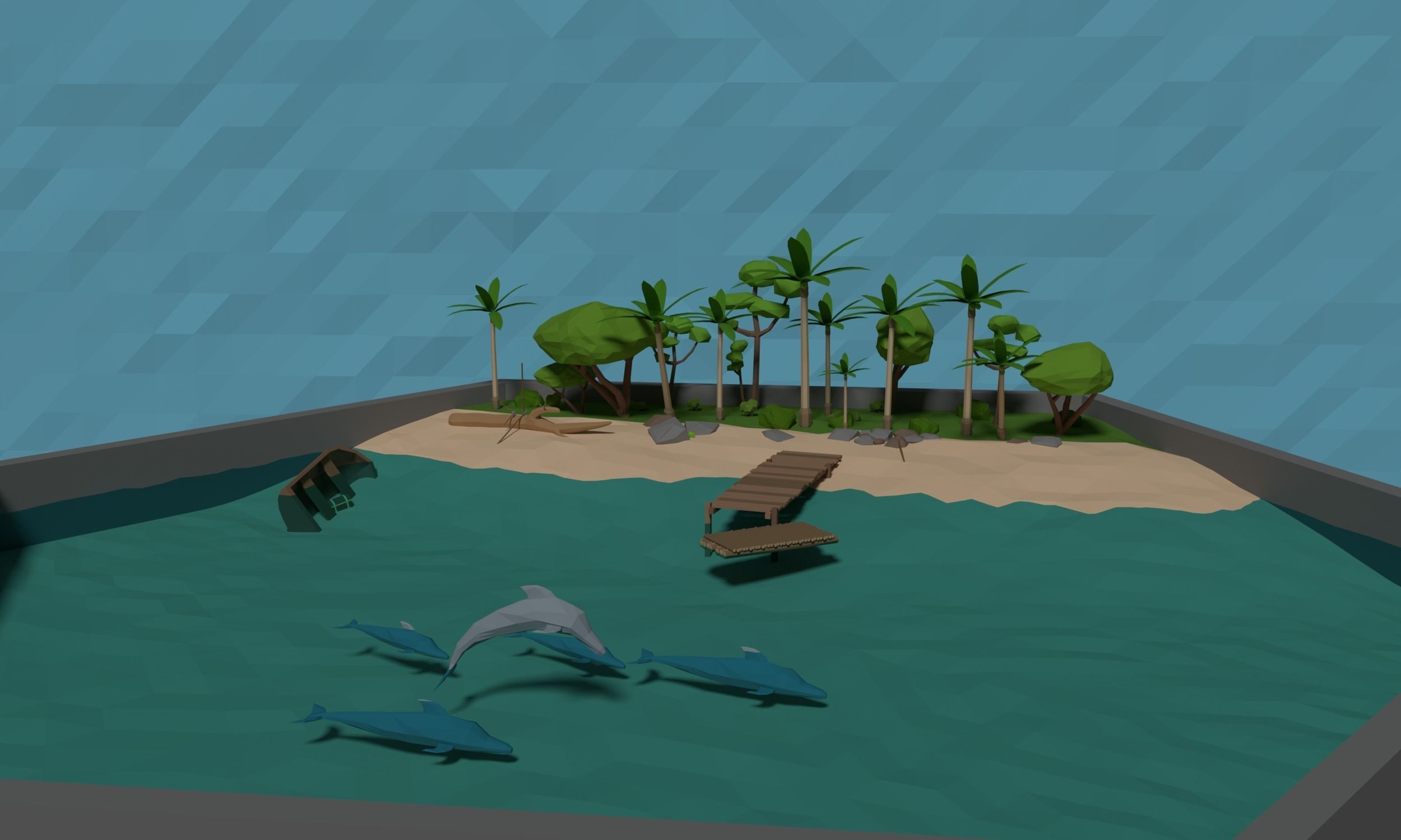 LowPoly tropical Beach Scene with stone tools Low-poly 3D model_1