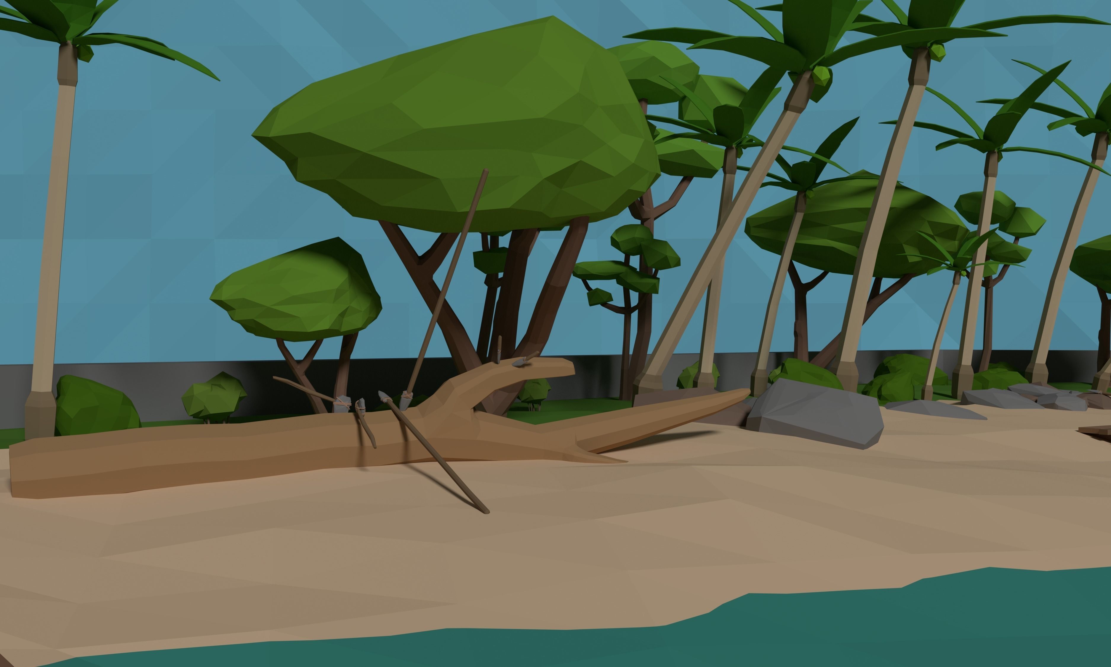 LowPoly tropical Beach Scene with stone tools Low-poly 3D model_3
