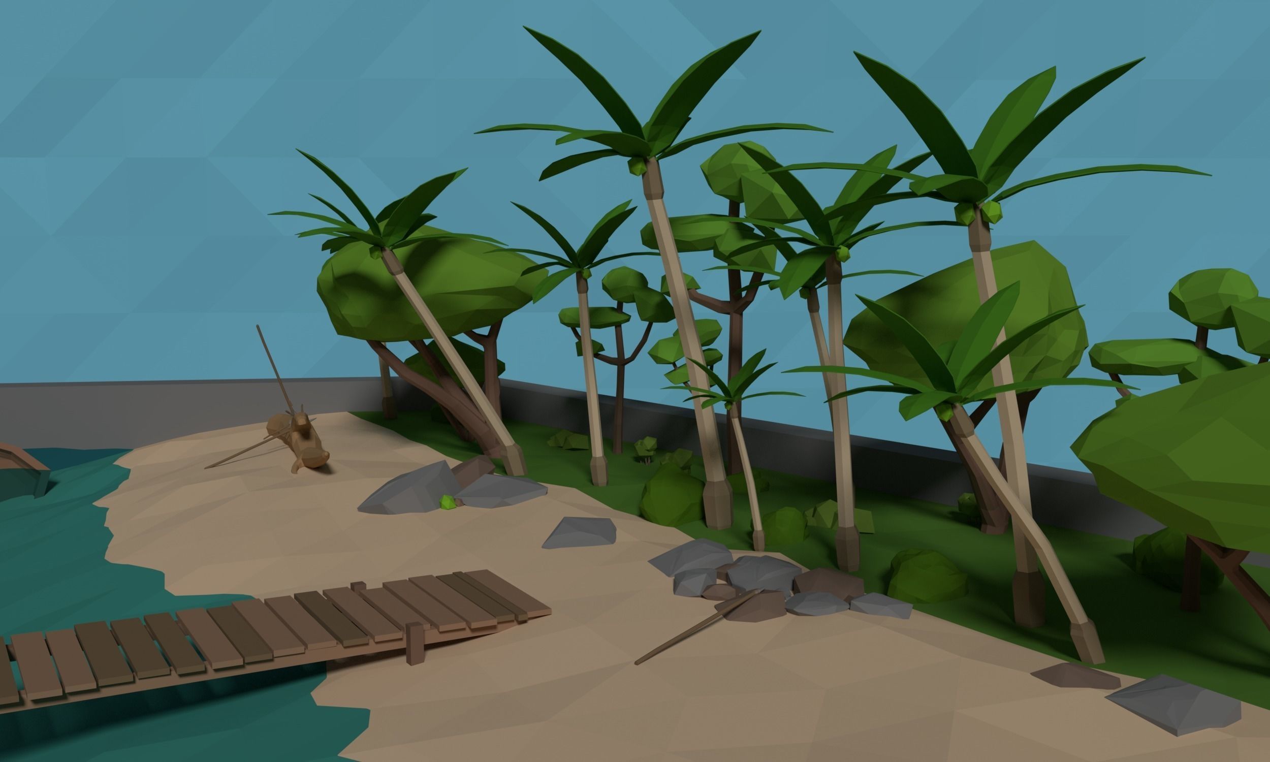 LowPoly tropical Beach Scene with stone tools Low-poly 3D model_5