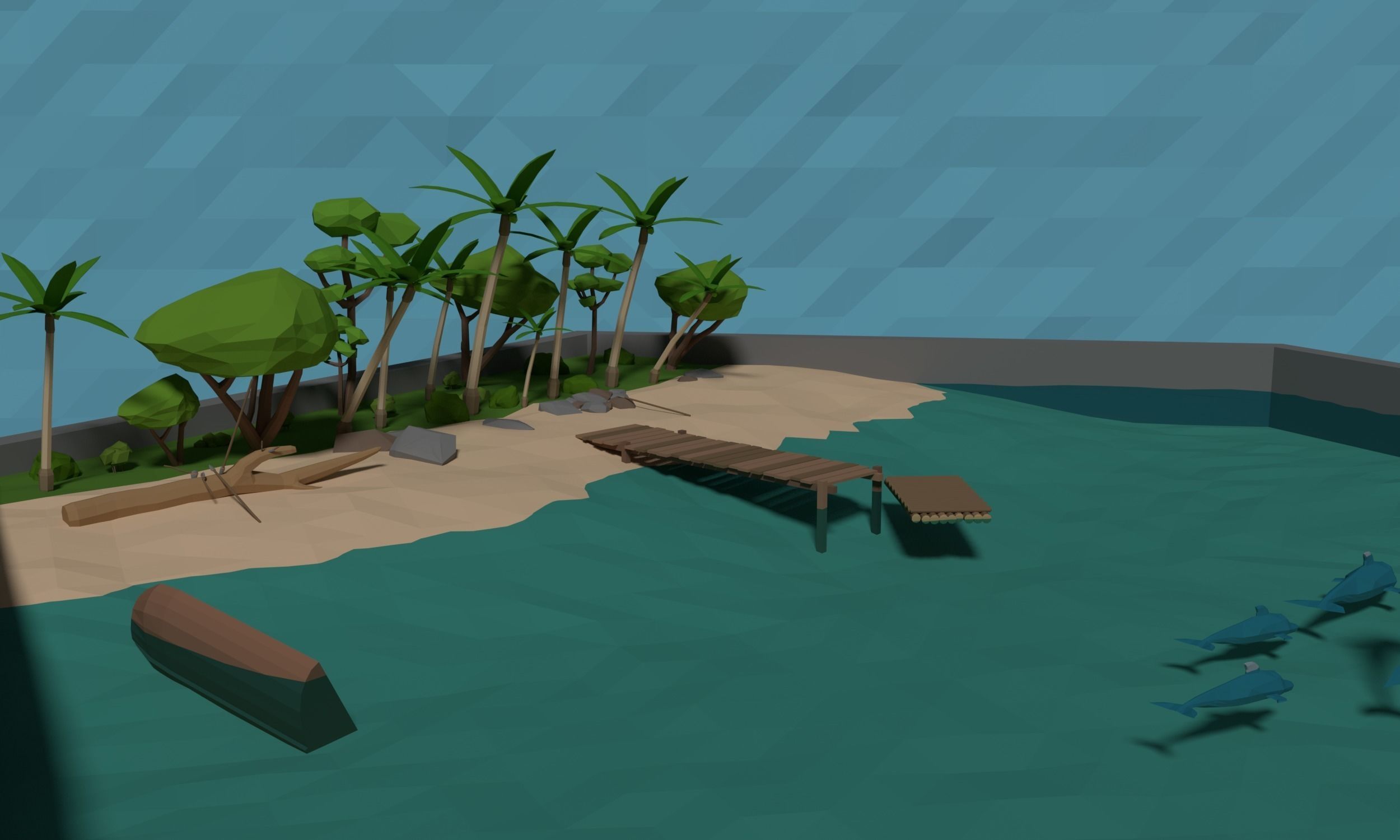 LowPoly tropical Beach Scene with stone tools Low-poly 3D model_2