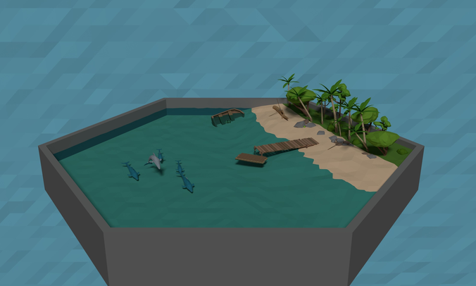 LowPoly tropical Beach Scene with stone tools Low-poly 3D model