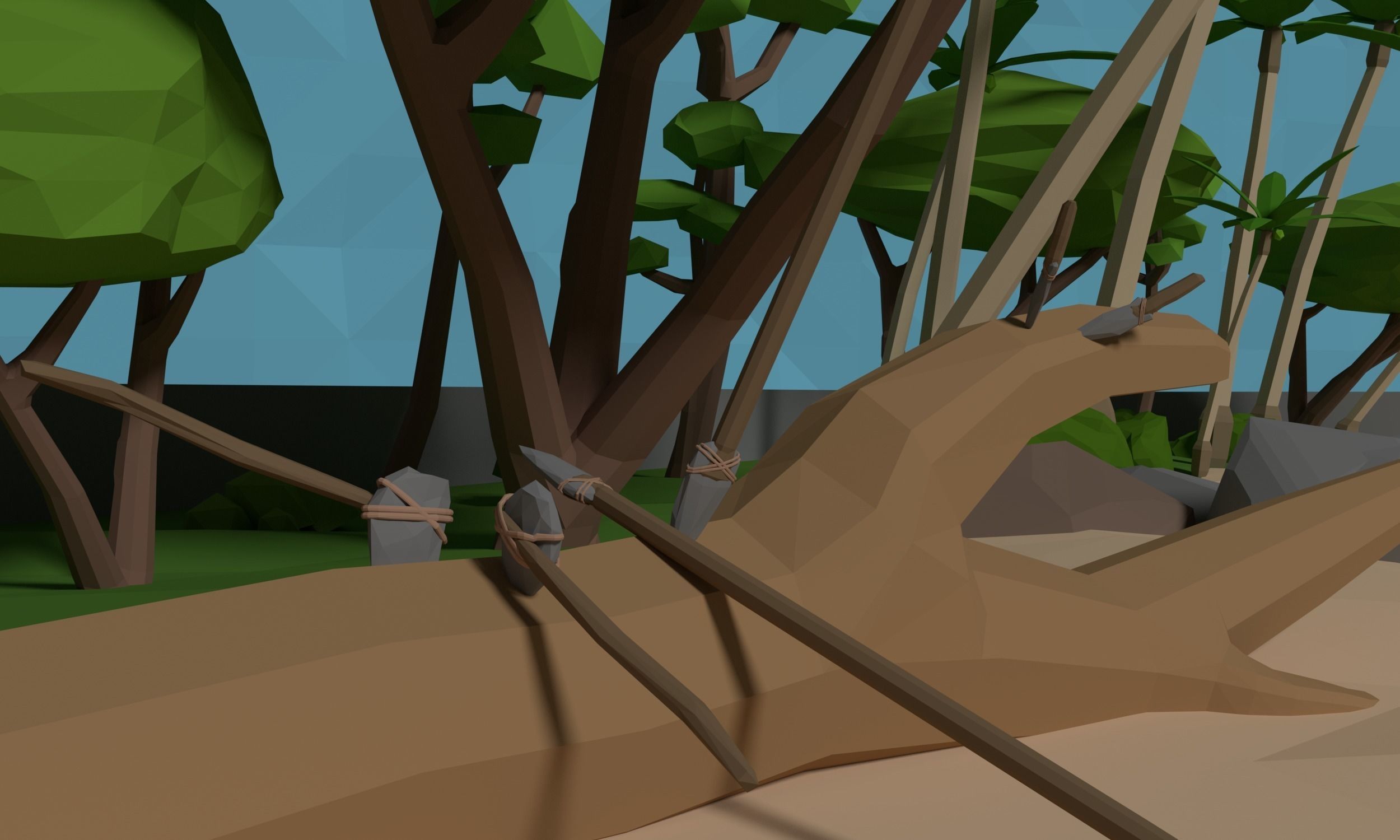 LowPoly tropical Beach Scene with stone tools Low-poly 3D model_4