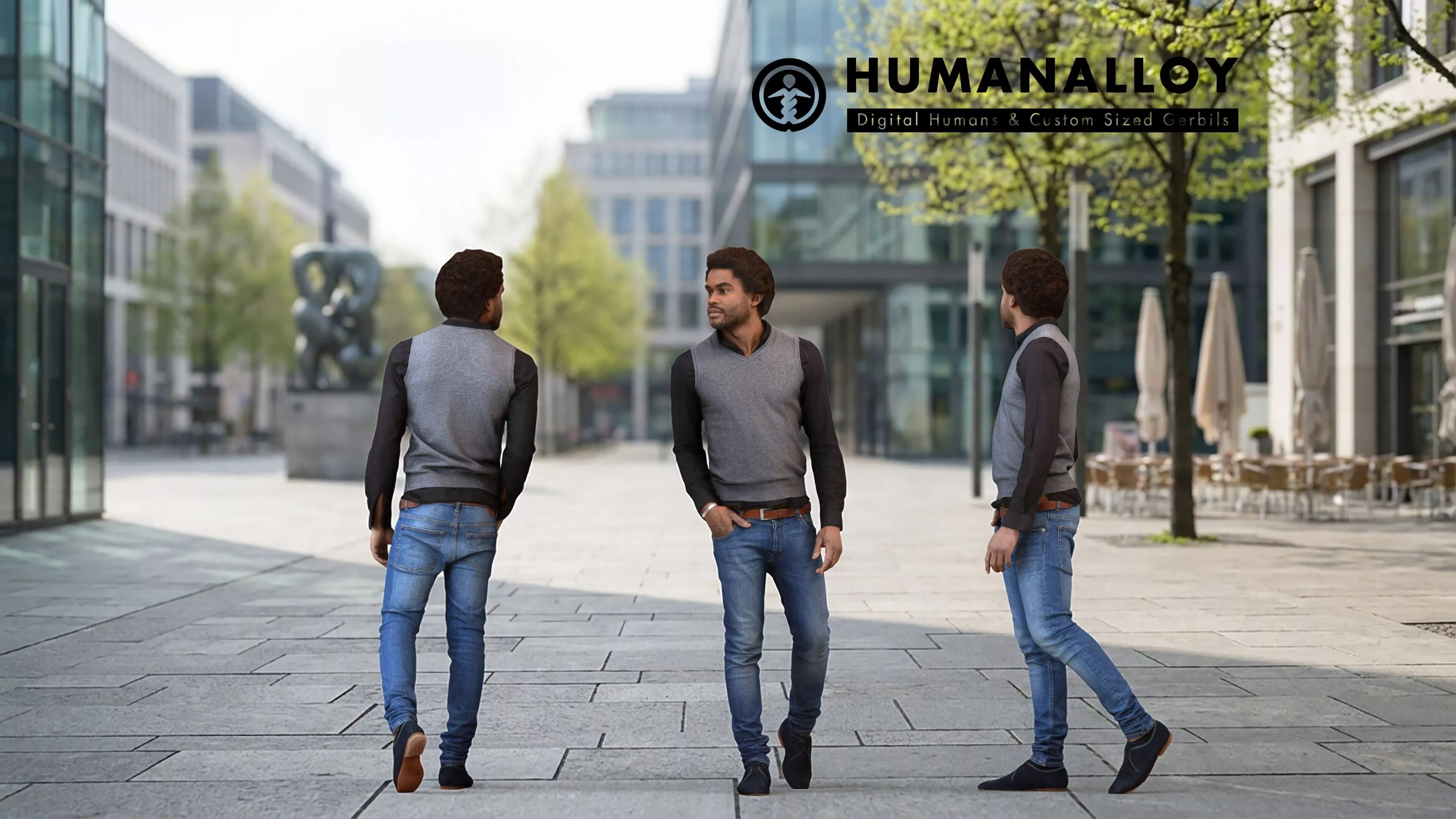 Adult Black male walking through public space in transitional 3D model