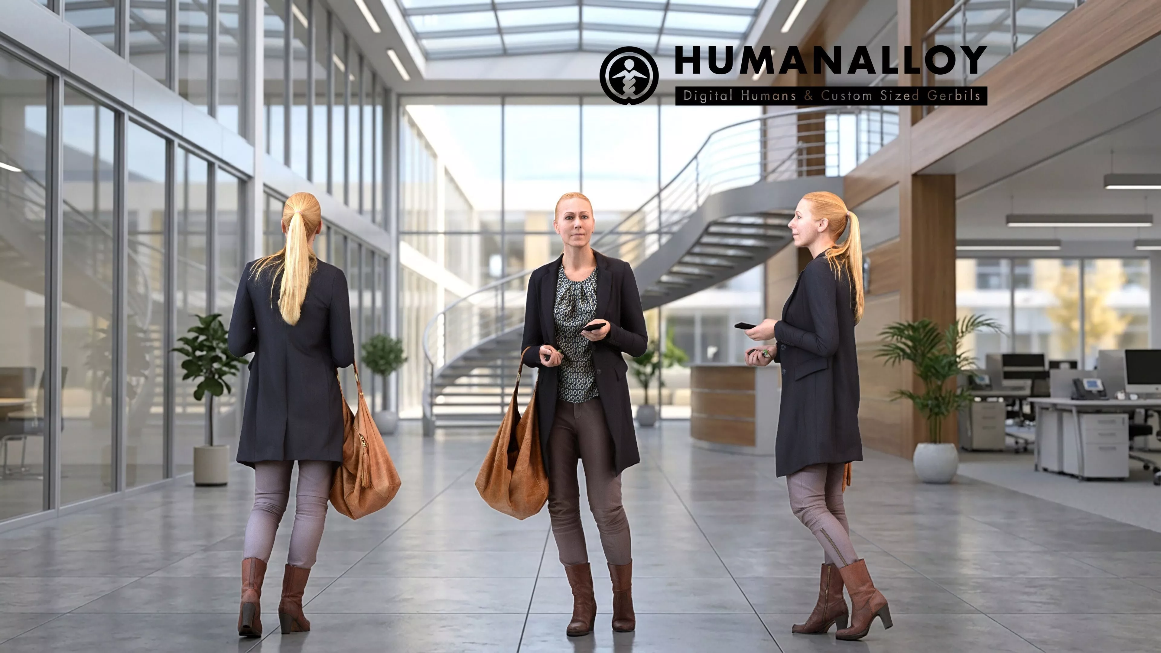 Adult Caucasian woman walking office carrying smartphone bag 3D model