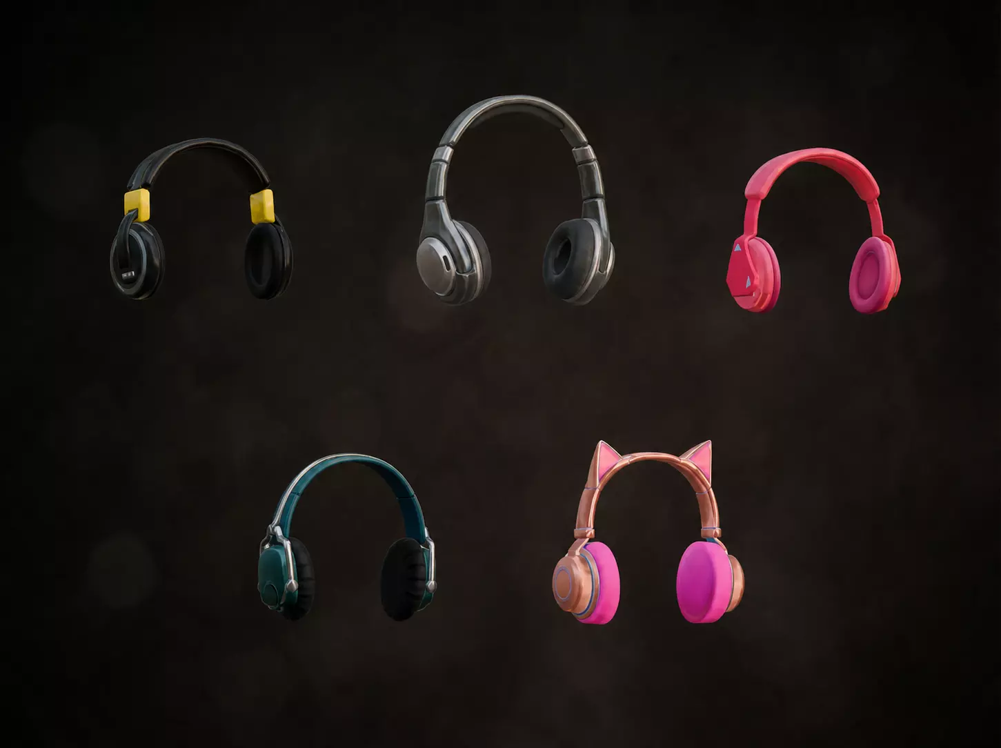 5 Stylized Male Female Headphones 3D Models Low-poly 3D model