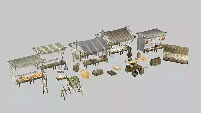 Fantasy Medieval Market Stalls Tent Pack 3D Model Low-poly 3D model 2