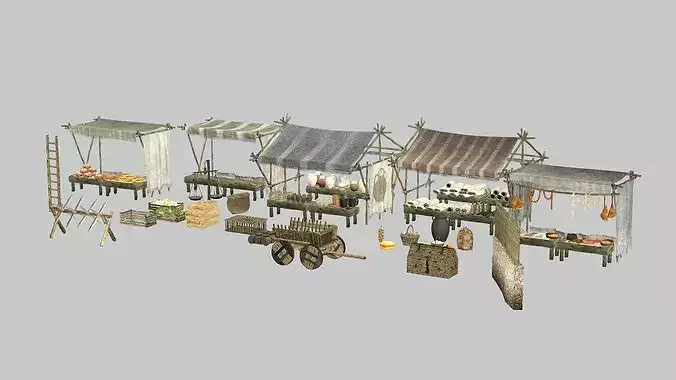 Fantasy Medieval Market Stalls Tent Pack 3D Model Low-poly 3D model 3
