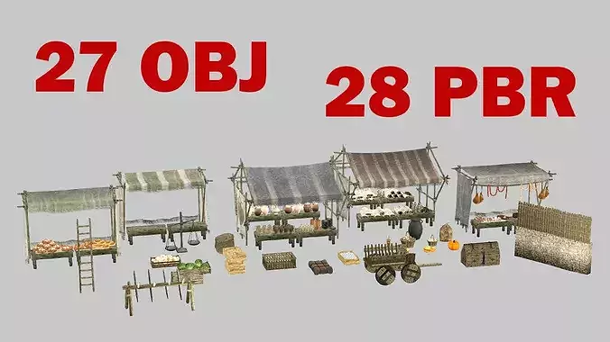 Fantasy Medieval Market Stalls Tent Pack 3D Model Low-poly 3D model