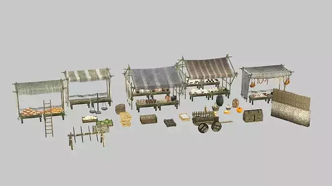 Fantasy Medieval Market Stalls Tent Pack 3D Model Low-poly 3D model 6