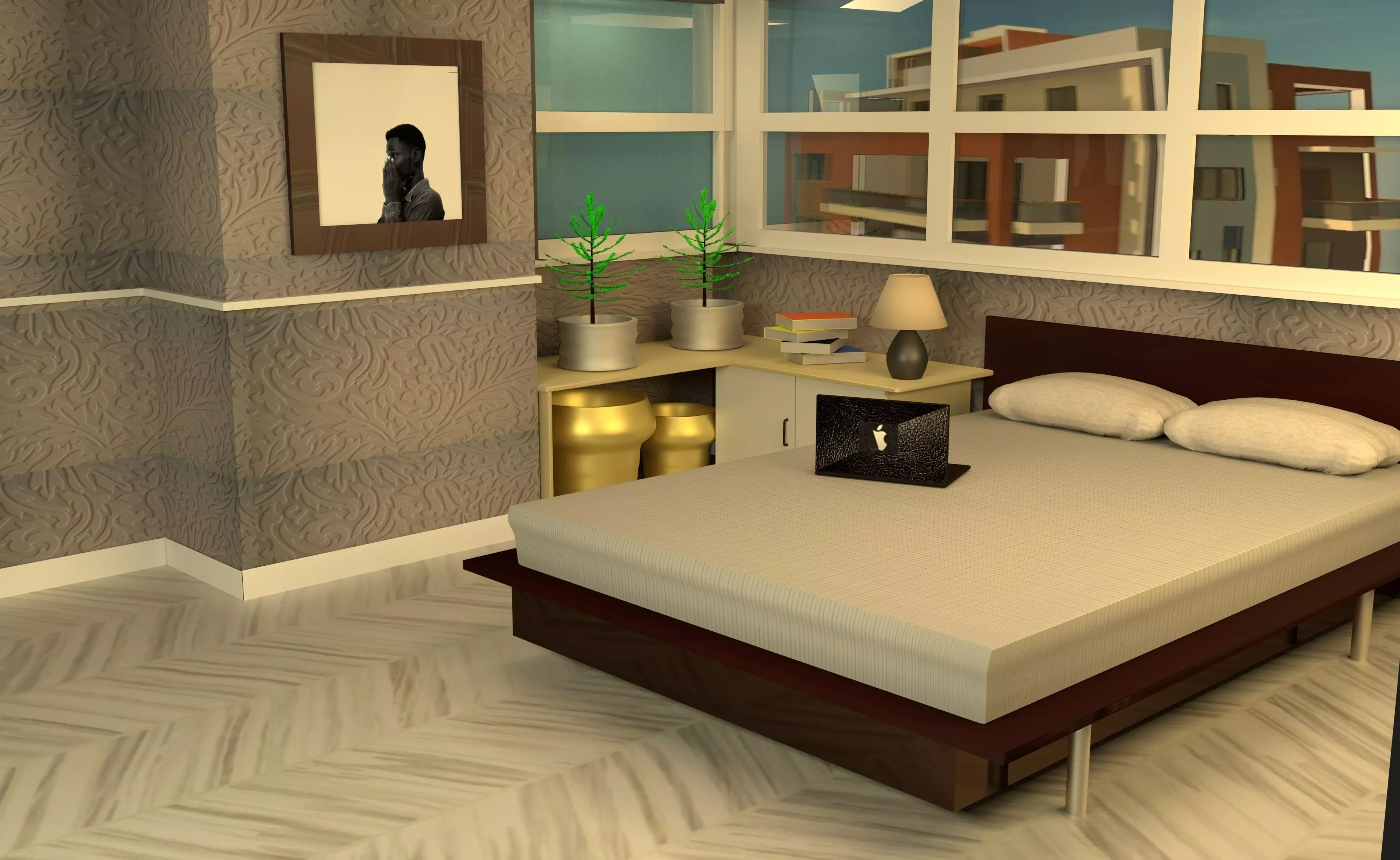 bedroom with bed and desk 3D print model_0