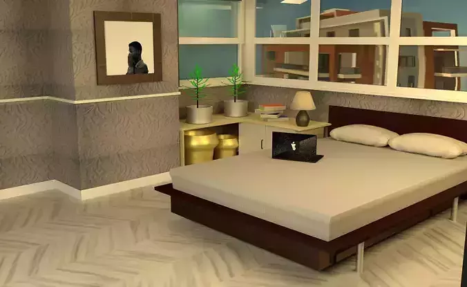 bedroom with bed and desk 3D print model
