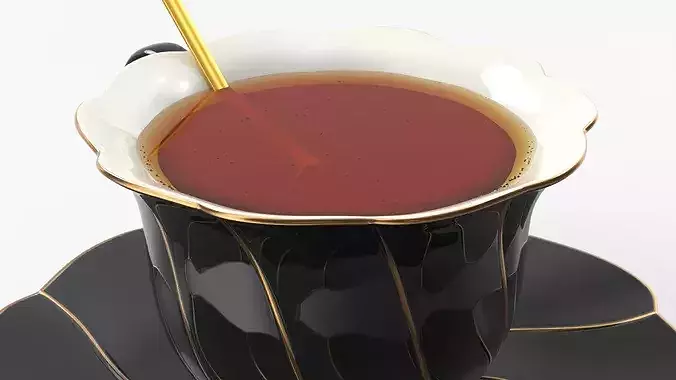 Black Porcelain Tea Cup with Saucer and Spoon 3D model 5