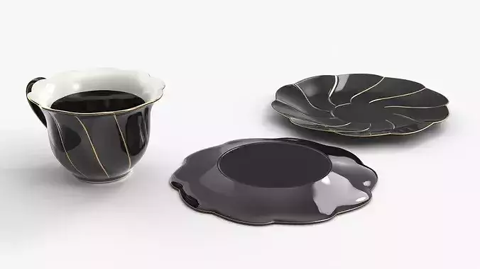 Black Porcelain Tea Cup with Saucer and Spoon 3D model 6
