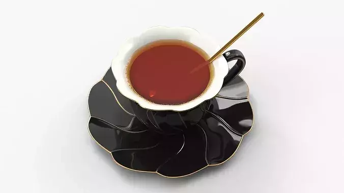 Black Porcelain Tea Cup with Saucer and Spoon 3D model 2