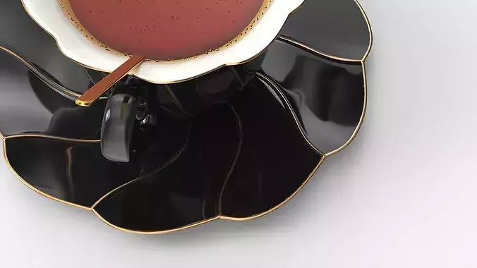Black Porcelain Tea Cup with Saucer and Spoon 3D model 4