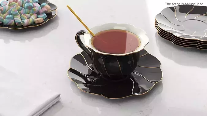 Black Porcelain Tea Cup with Saucer and Spoon 3D model 3