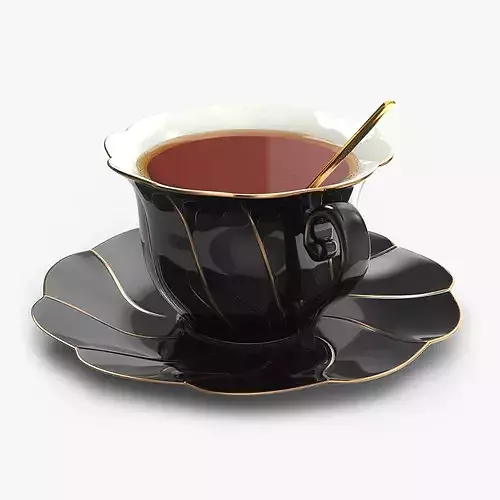 Black Porcelain Tea Cup with Saucer and Spoon 3D model