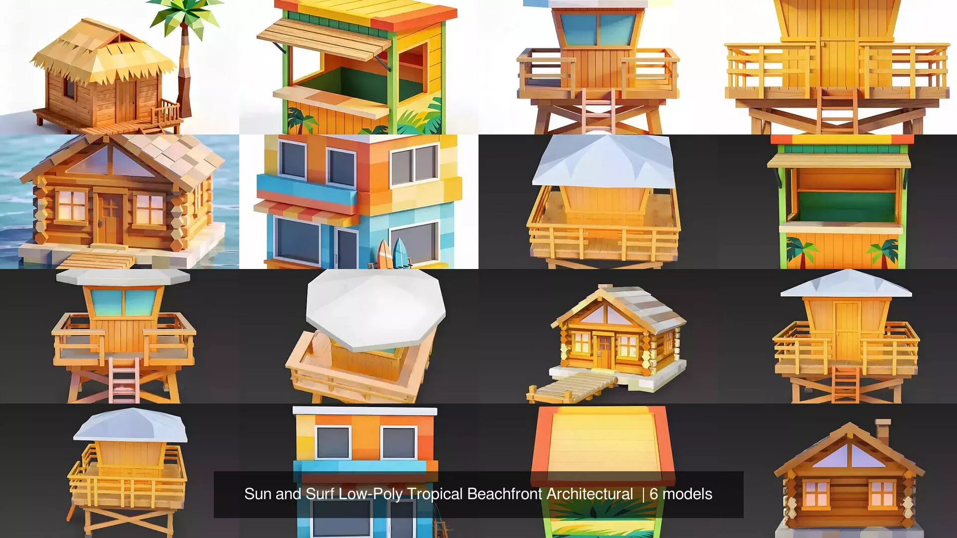 Sun and Surf Low-Poly Tropical Beachfront Architectural 3D Model Pack