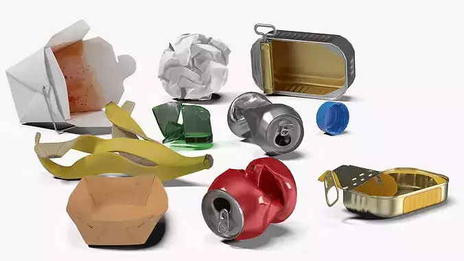 Household Trash Heap with Cans 3D model 6