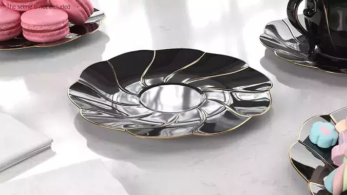 Black Porcelain Saucer with Golden Trim 3D model 3