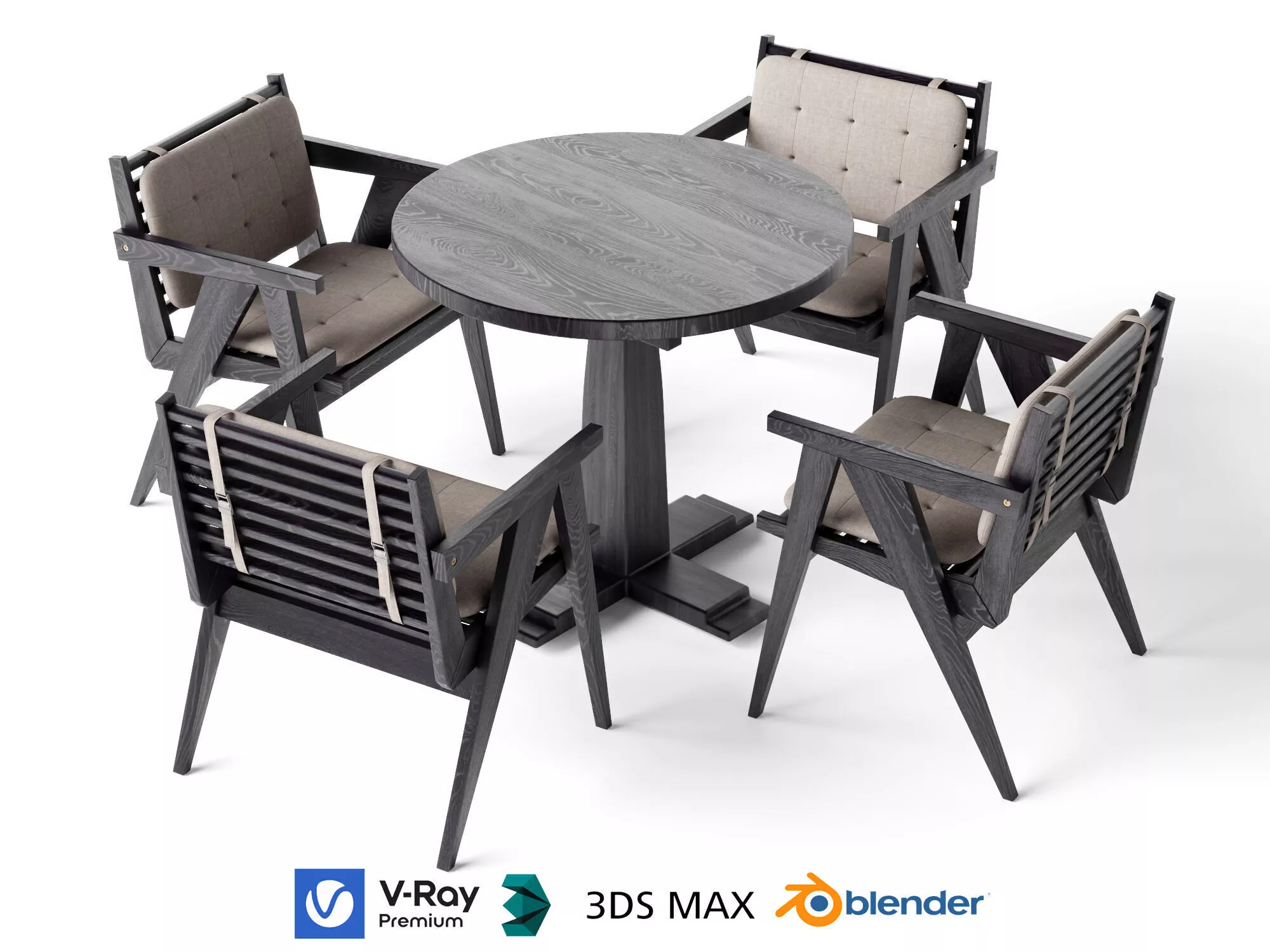 Modern Dark Wood Outdoor Dining Table and Chair Set Low-poly 3D model