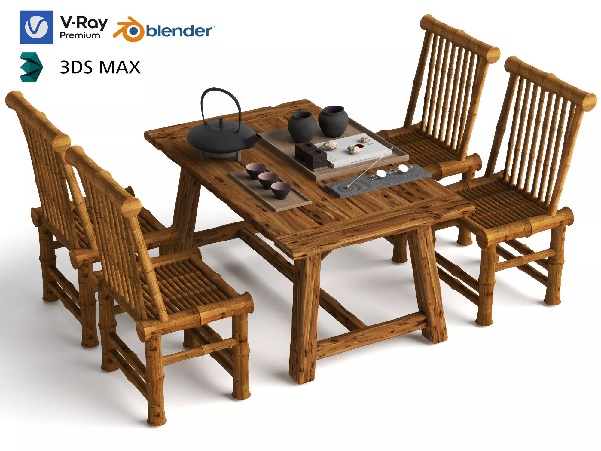 Rustic Bamboo Tea Table and Chairs Se Low-poly 3D model