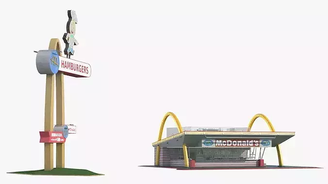 Retro McDonalds Drive-In Restaurant with Golden Arches 3D model 5