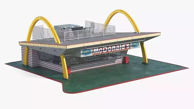 Retro McDonalds Drive-In Restaurant with Golden Arches 3D model 6