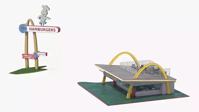 Retro McDonalds Drive-In Restaurant with Golden Arches 3D model 4
