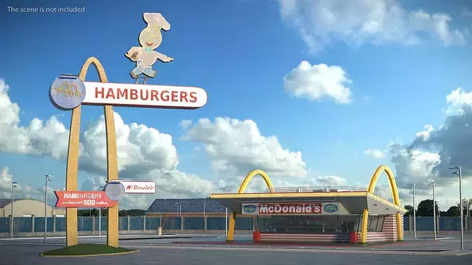 Retro McDonalds Drive-In Restaurant with Golden Arches 3D model 2