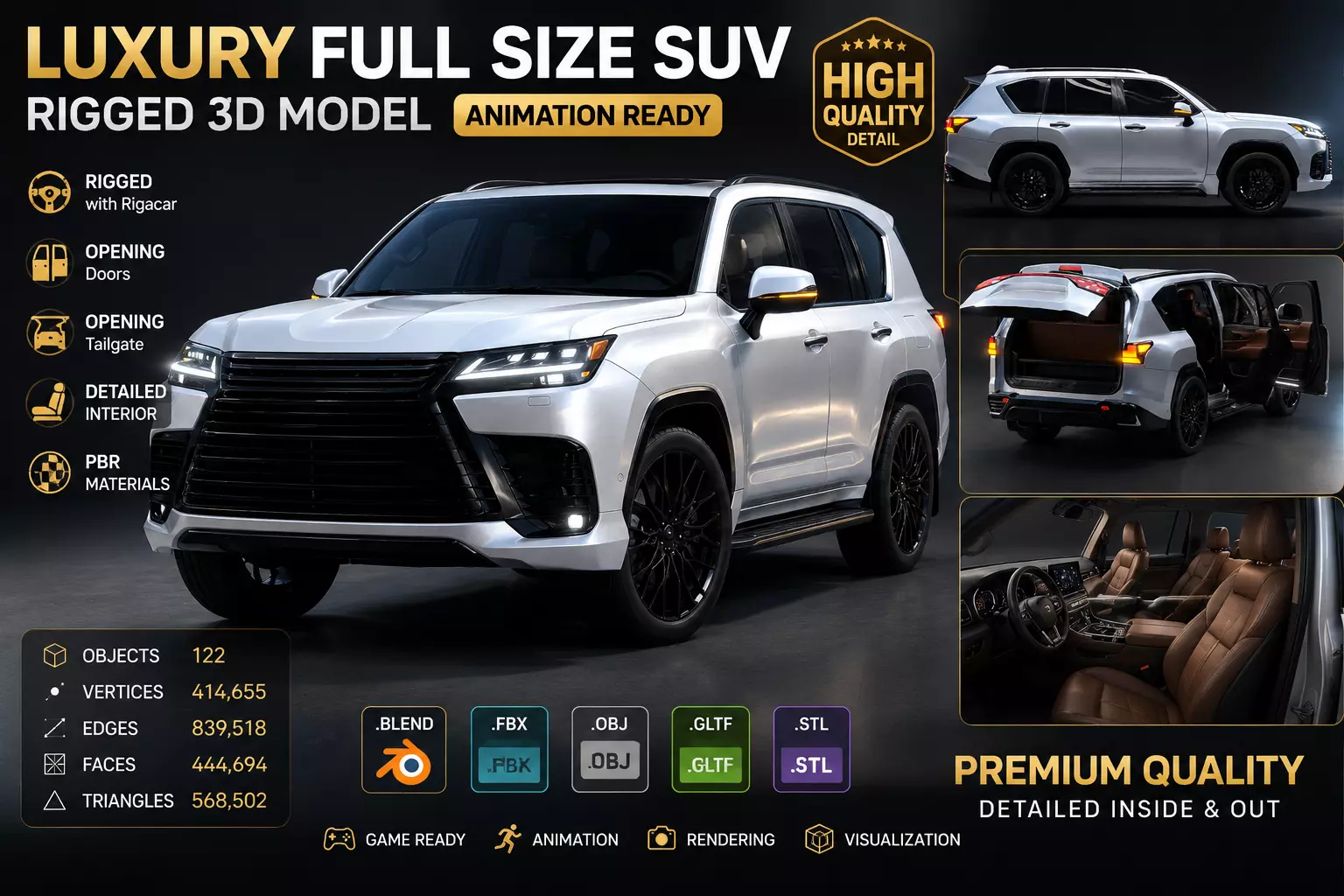 Luxury Full Size SUV Rigged 3D Model PBR Interior Animated 4x4 Low-poly 3D model