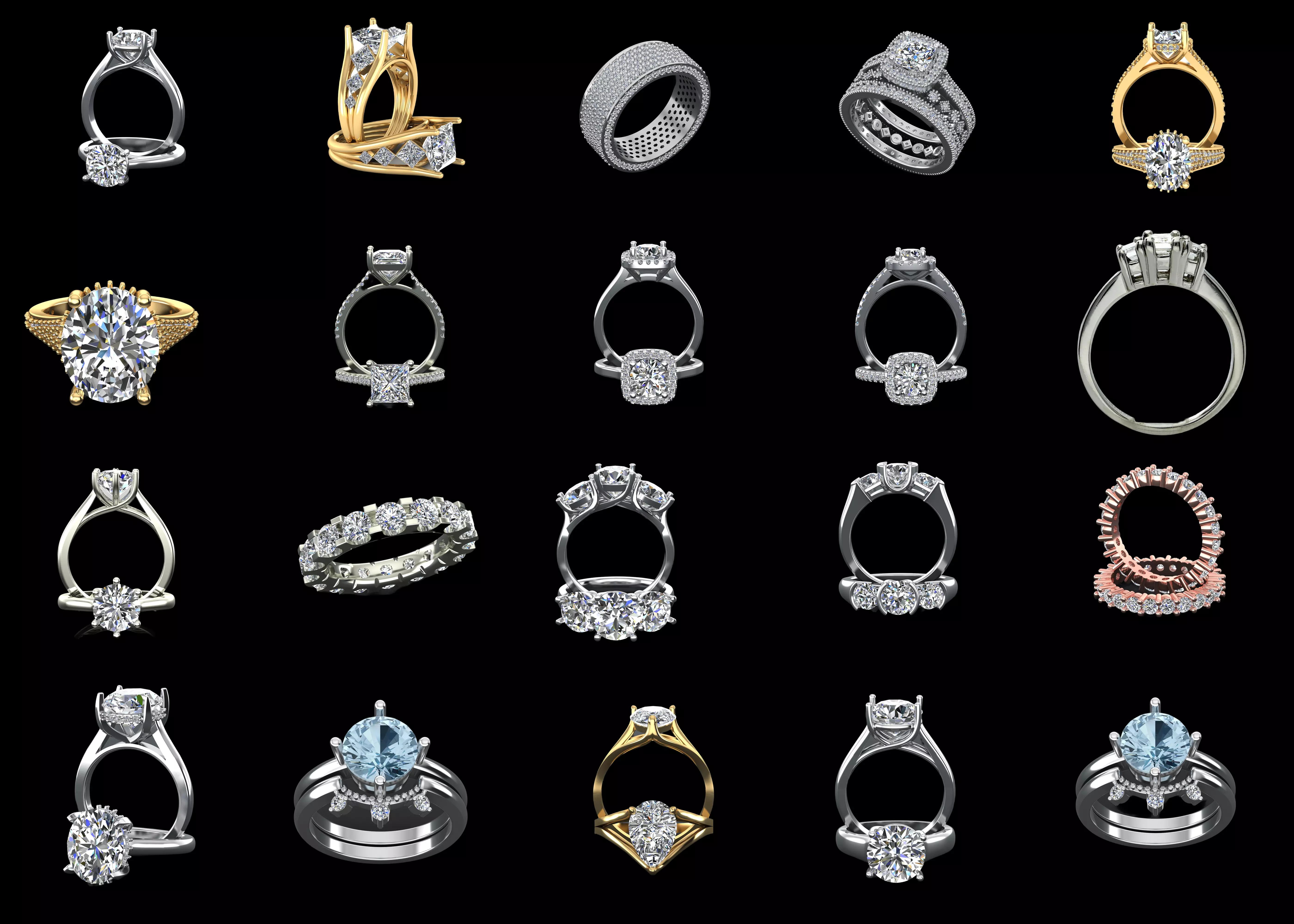 20 Solitaire and Eternity Ring CAD Models STL 3DM Jewelry Pack 3D print model