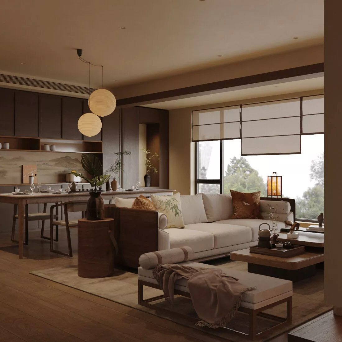 Chinese style living and dining room 3D model