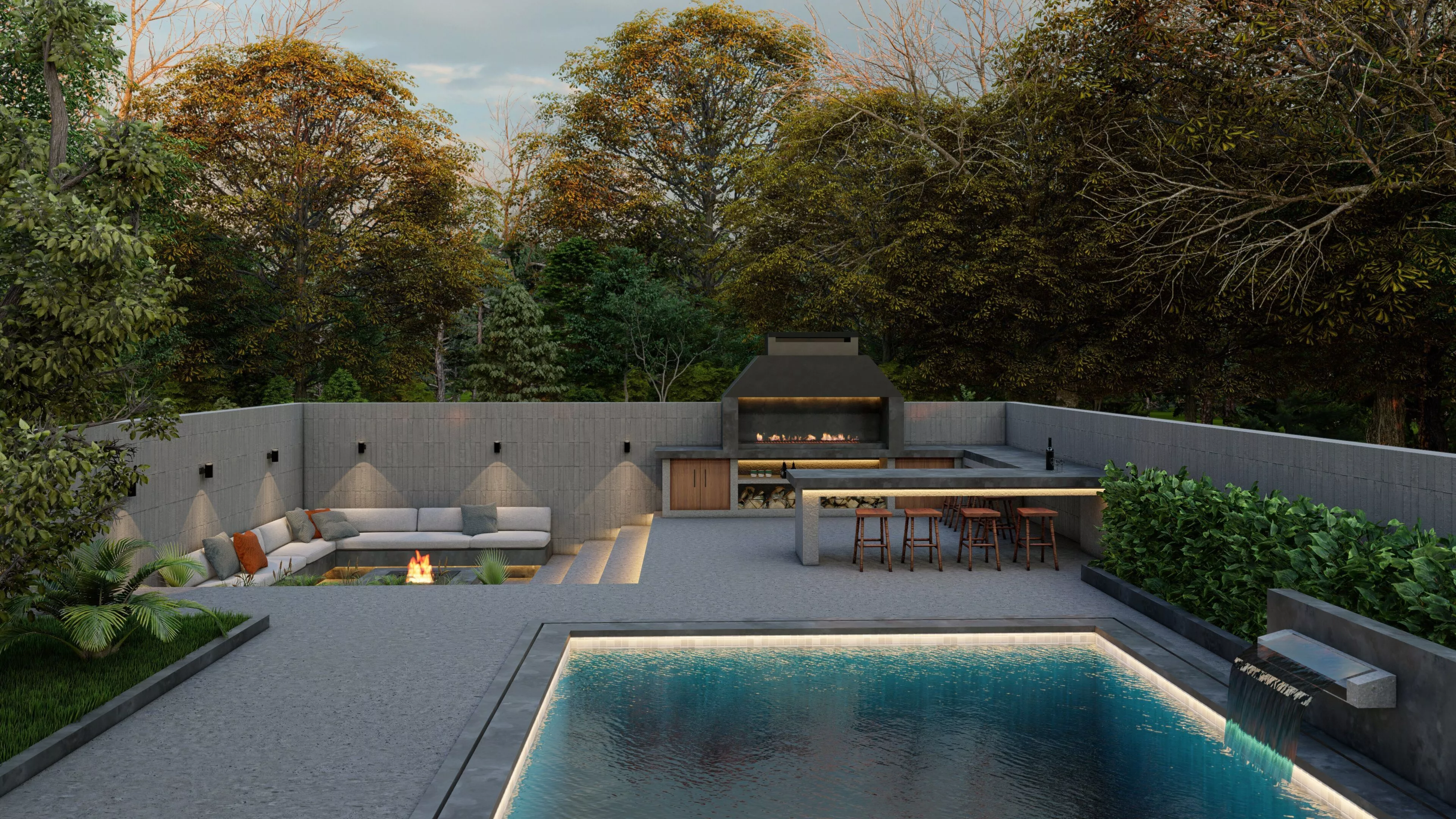 Modern Villa Backyard fire pit Pool Design 3D model