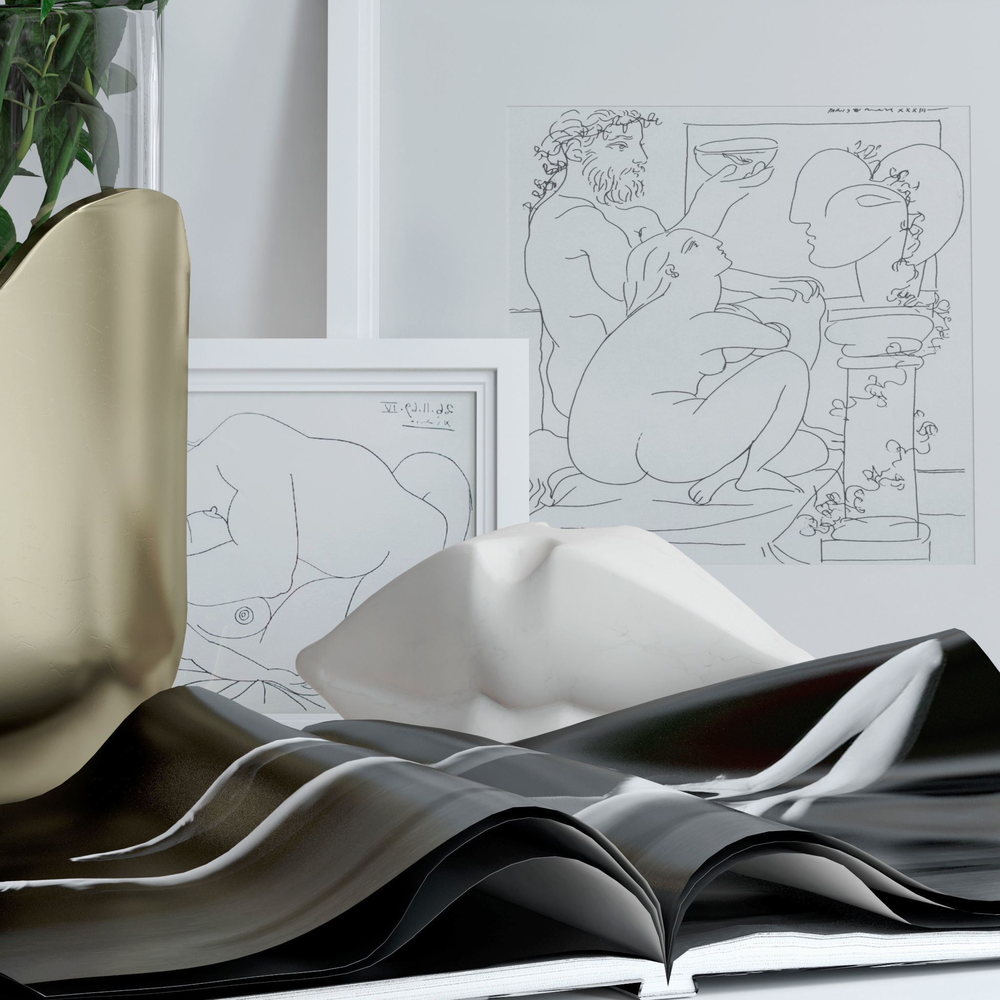 Set with roses marble bust and lips 3D model_3