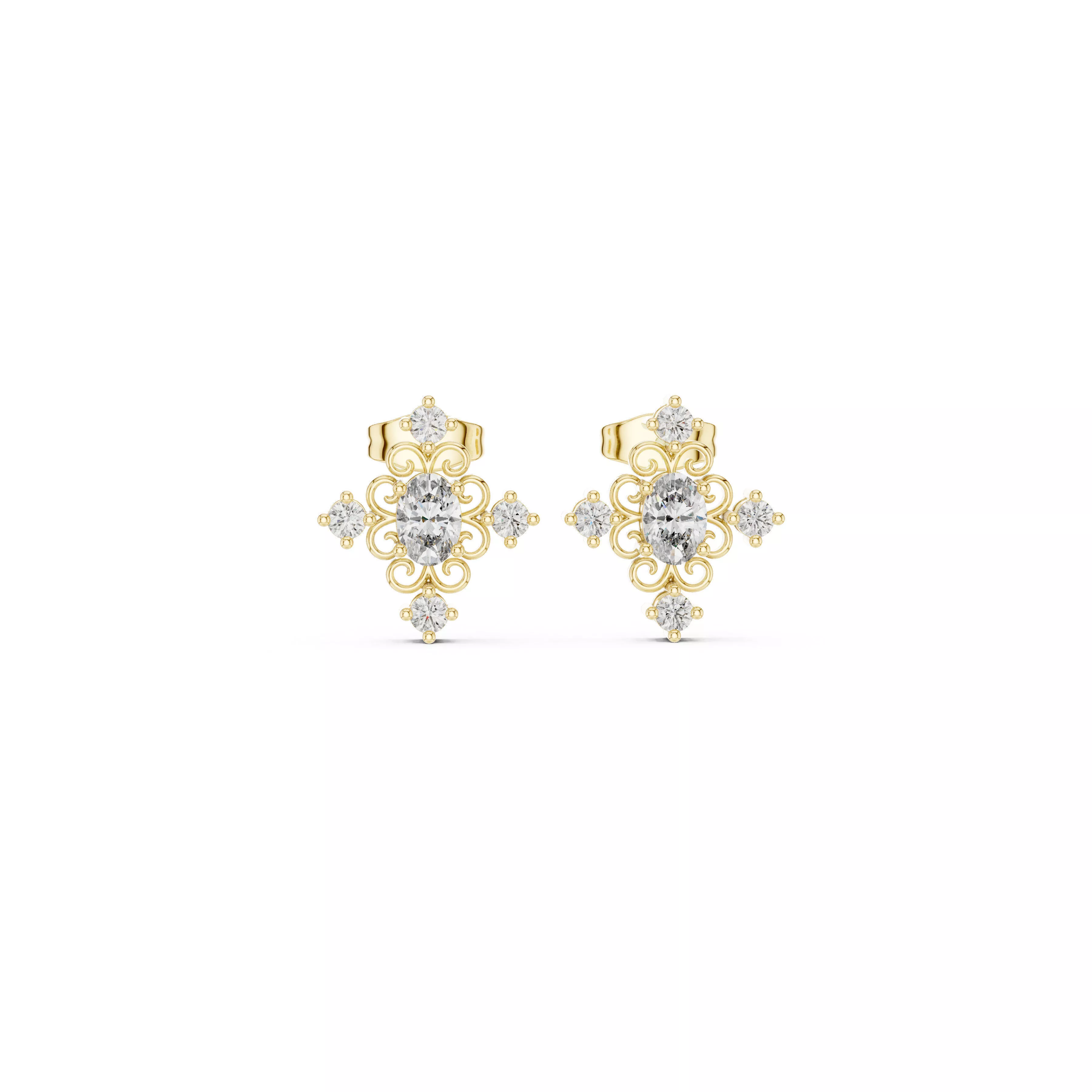 Vintage Filigree Diamond Stud Earrings Ornate Floral Studs CAD 3D print model