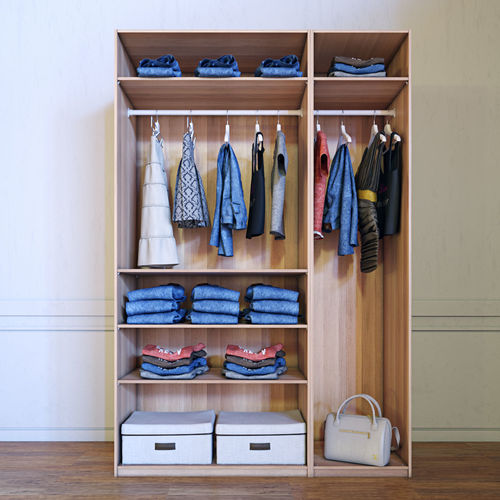 Wardrobe wooden closet with clothes hanging 3D model